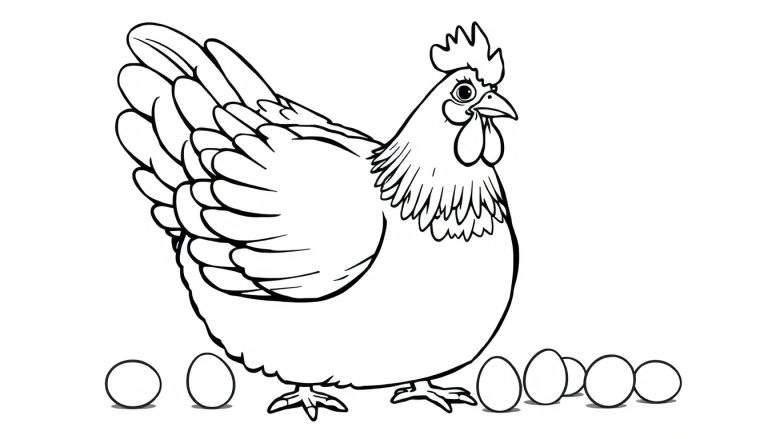 Zwart-wit lijntekening van een kip die bij haar eieren staat, klaar om ingekleurd te worden.