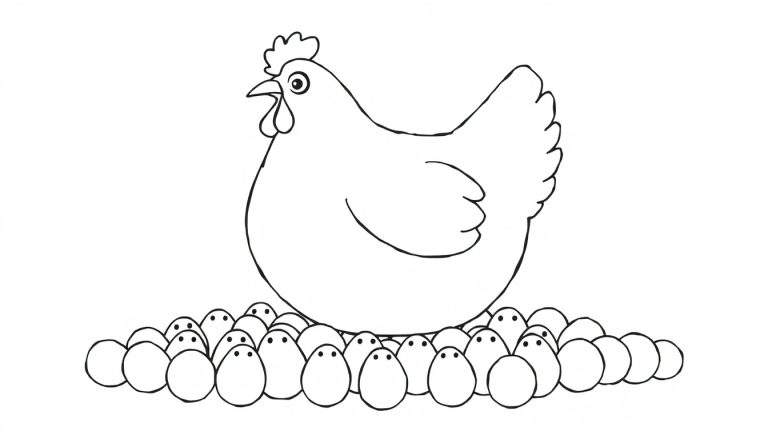 Zwart-wit lijntekening van een mollige kip die op een berg eieren zit. De kip heeft een kam, een open snavel en een oog. Sommige eieren hebben twee kleine stippen die op ogen lijken.