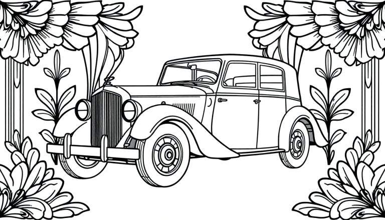 Zwart-wit tekening van een klassieke sedan oldtimer auto met ronde koplampen en een verticale grille, omringd door een decoratieve omlijsting van gestileerde bloemen en bladeren.