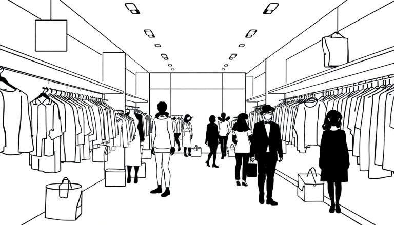 Zwart-witte tekening van een kledingwinkel met kledingrekken, klanten, winkelzakken en moderne verlichting.