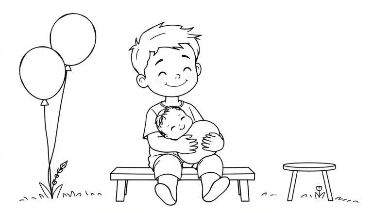Kleurplaat van een lachende jongen die een blije baby vasthoudt, met ballonnen en bloemen op een zonnige dag.
