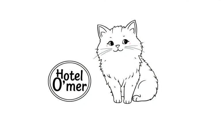 Kleurplaat met een zittende kat met grote ogen en een lachende mond, naast een logo van Hotel O'mer.