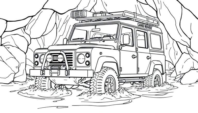 Kleurplaat van een klassieke Land Rover Defender met avontuurlijke uitrusting, die door water of modder rijdt tussen rotsen.