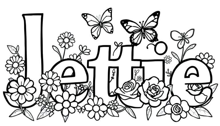 Kleurplaat van de naam 'Lattie' omringd door bloemen en vliegende vlinders.