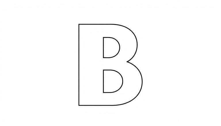 Kleurplaat van een grote, zwarte omrande letter B op een witte achtergrond.