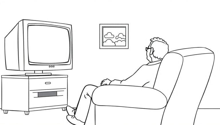 Zwart-wit lijntekening van een man die met zijn rug naar de kijker toe op een fauteuil zit en naar een oude beeldbuis-televisie kijkt. Aan de muur hangt een schilderij met wolken.