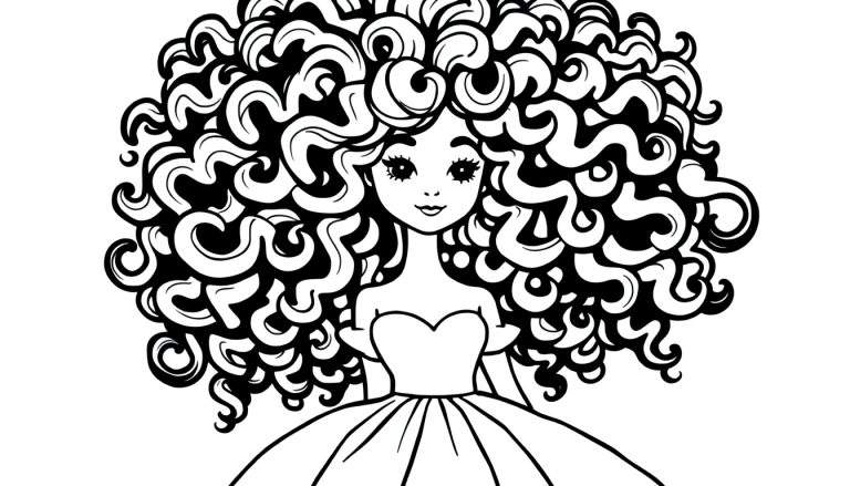 Kleurplaat van een schattig meisje met grote krullen en een elegante strapless jurk.