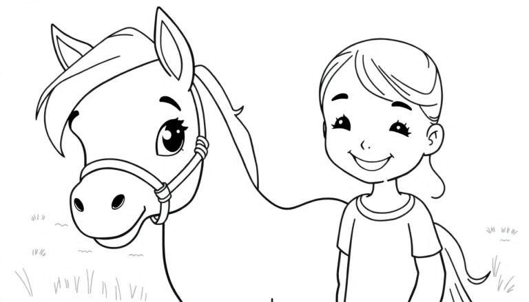 Zwart-wit tekening van een glimlachend meisje met kort haar en een T-shirt naast een paard met halster. Ze staan in de grasrijke voorgrond en kijken blij.