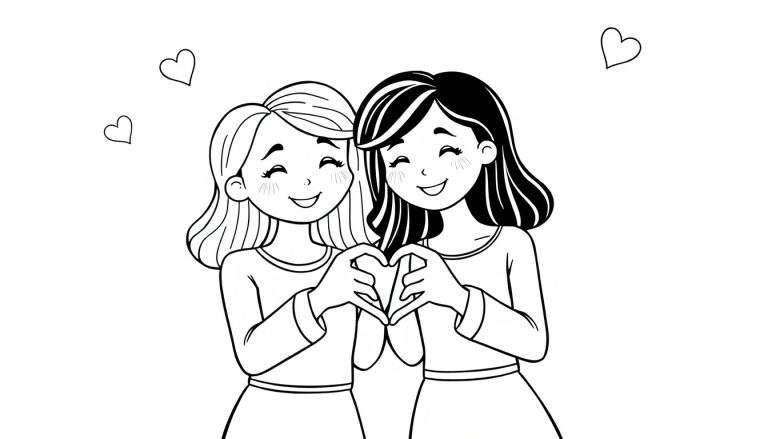 Kleurplaat van twee lachende meisjes met gesloten ogen en blosjes op hun wangen. Ze vormen een hart met hun handen. Er zweven drie kleine hartjes om hen heen. De meisjes hebben verschillende haarkleuren: golvend licht haar aan de linkerkant en golvend donker haar aan de rechterkant. Geschikt voor lijntekeningen en kleurplaten.
