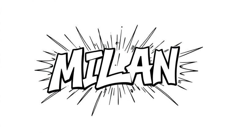 Kleurplaat van het woord 'MILAN' met dikke zwarte omtrek en witte vulling, omringd door explosieve zwarte lijnen in stripboekstijl.