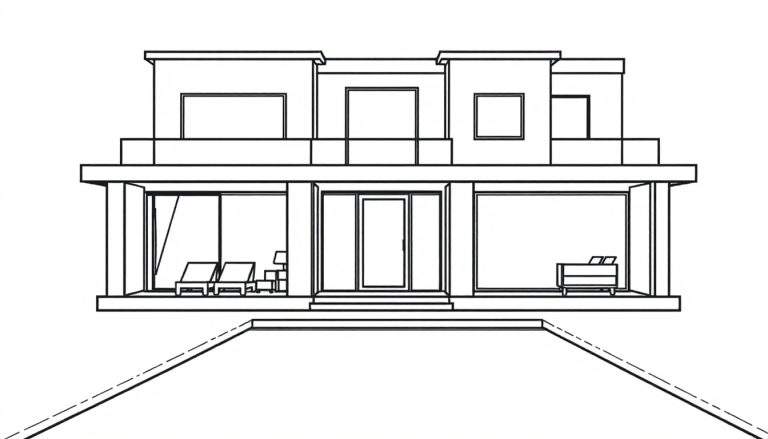 Lijntekening van een modern huis met twee verdiepingen, plat dak, voordeur, grote glazen schuifpuien, balkon en een zwembad.