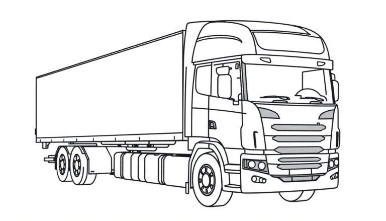 Line art kleurplaat van een moderne vrachtwagen met oplegger, getekend in zwart-wit met lichte grijze arcering op specifieke onderdelen.