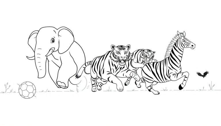 Kleurplaat met een olifant, twee tijgers, een zebra en een voetbal.