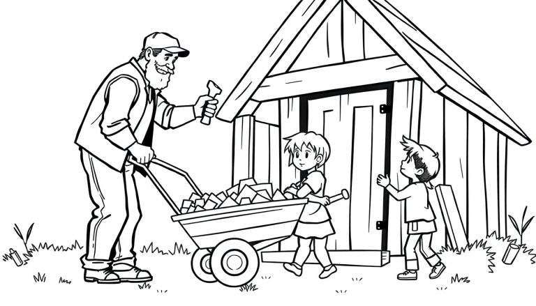 Kleurplaat van een oudere man met baard en pet, die een kruiwagen duwt. Een meisje met kort haar en een jongen met stekelig haar helpen mee bij een houten schuur.