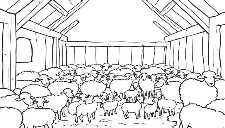 Zwart-wit lijntekening van een schaapskooi vol met schapen.