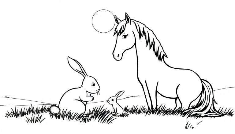 Kleurplaat van een paard, een volwassen konijn en een jong konijntje in een grasveld.