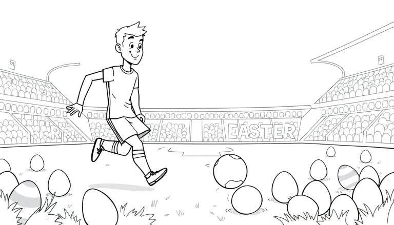 Kleurplaat van een lachende jongen in voetbaltenue die paaseieren dribbelt op het grasveld van een voetbalstadion. Op de tribunes staat 'EASTER'.