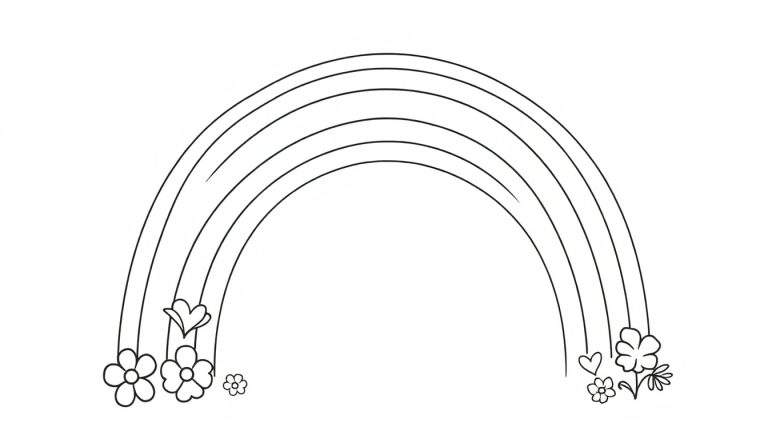 Zwart-wit kleurplaat van een regenboog met bloemen en een hartje.