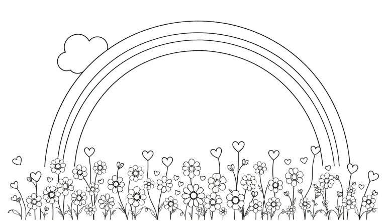 Een zwart-wit lijntekening van een regenboog met drie bogen, een pluizige wolk aan de linkerkant, en onderaan een veld vol bloemen en hartjes van verschillende groottes.