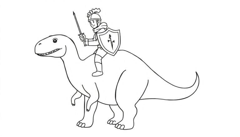 Kleurplaat van een ridder met zwaard en schild die op de rug van een grote, lachende vleesetende dinosaurus rijdt.