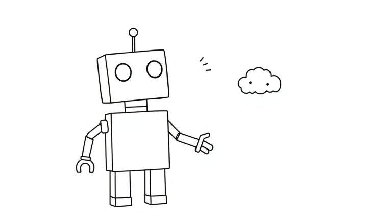 Kleurplaat van een simpele robot met een vriendelijk gezichtje die gebaart naar een klein, cartoonachtig wolkje met een gezichtje.