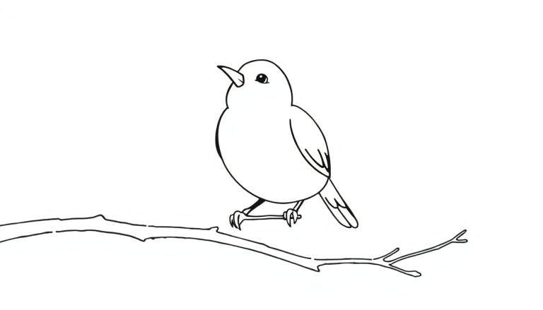 Zwart-wit tekening van een ronde vogel die op een tak zit en omhoog kijkt, met dikke zwarte lijnen en een witte achtergrond.