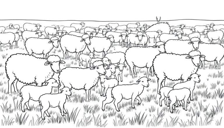 Zwart-wit kleurplaat van een grote kudde schapen en lammetjes in een grasveld, met een hert of eland met gewei op de achtergrond aan de linkerkant.