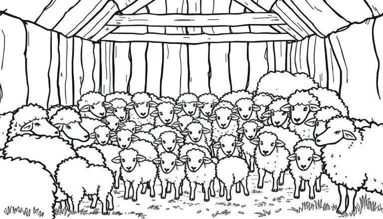 Zwart-wit lijntekening van een groep schapen en lammetjes die dicht op elkaar staan in een houten stal. De schapen kijken naar voren.
