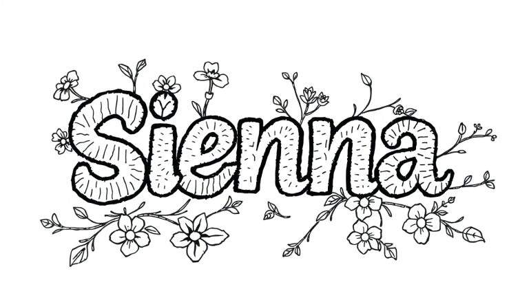 Kleurplaat met het woord 'Sienna' in dikke, ronde letters, gevuld met verticale streepjes en stipjes, omringd door bloemen en ranken.