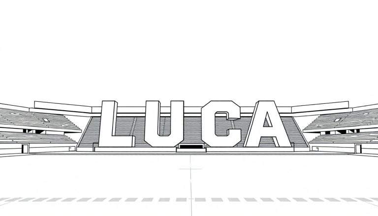 Zwart-witte lijntekening van een sportstadion, gezien vanaf het speelveld, met de letters 'LUCA' in grote blokletters op het veld.