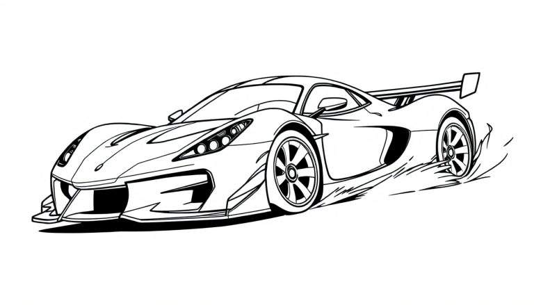 Zwart-witte lijntekening van een futuristische sportwagen die met hoge snelheid rijdt, met strepen rond de wielen die beweging aangeven.