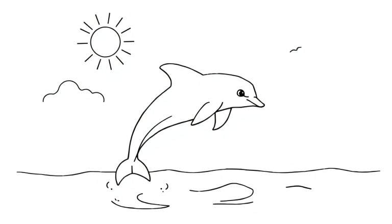 Zwart-wit lijntekening van een dolfijn die vrolijk uit het water springt, met een zon, wolk en vogel in de lucht.