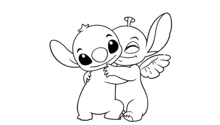 Zwart-wit lijntekening van Stitch en Angel die elkaar omhelzen, met Angel die knipoogt en kleine vleugeltjes heeft.