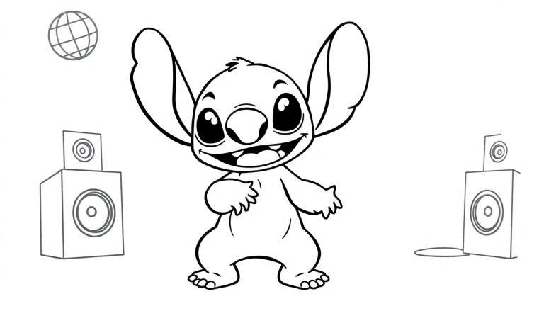 Kleurplaat van Stitch die danst, met twee luidsprekers en een wereldbol. Zwart-wit lijntekening voor kinderen.