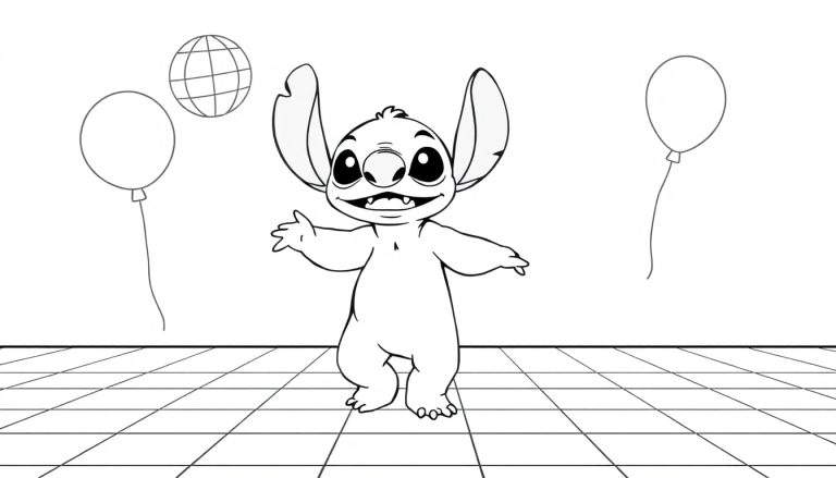 Kleurplaat van Stitch die lachend met wijd open armen staat. Op de achtergrond zweven twee ballonnen en een wereldbol. De vloer heeft een geruit patroon.