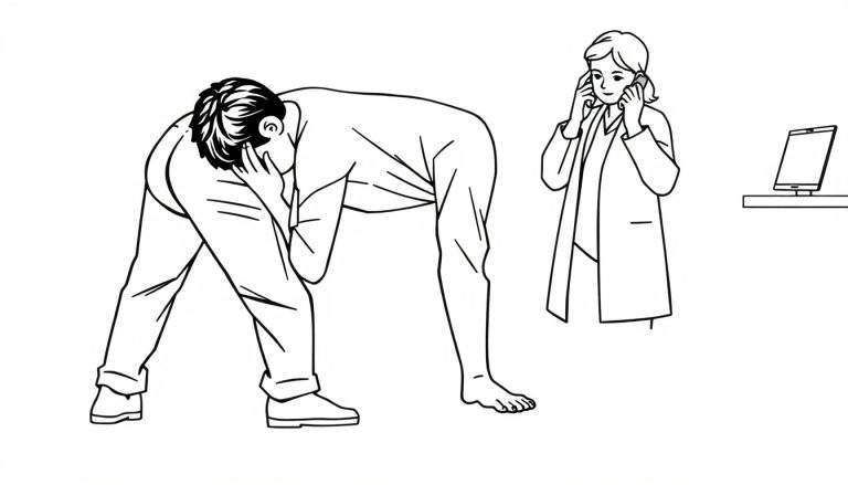 Zwart-witte lijntekening met twee figuren en een computermonitor. Een man is voorovergebogen met zijn hoofd in zijn handen, terwijl een vrouw met twee telefoons aan haar oren staat. Een computermonitor is op de achtergrond zichtbaar.