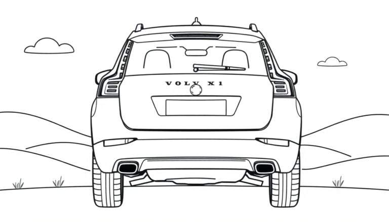 Kleurplaat van de achterkant van een SUV met de tekst VOLV X 1, verticale achterlichten, ruitenwisser, uitlaten en dakrails op een golvend landschap.