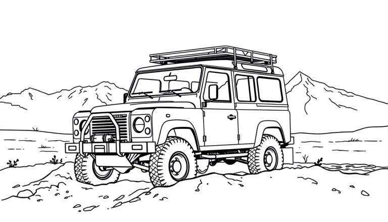 Zwart-wit kleurplaat van een stoere terreinwagen, vergelijkbaar met een Land Rover Defender, geparkeerd op rotsachtige grond voor een bergketen. De auto heeft off-road banden, een bull bar, lier en een dakdrager.