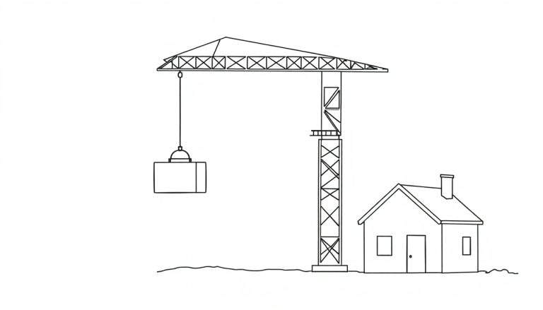 Zwart-wit lijntekening van een grote torenkraan die een container hijst, met een klein huisje ernaast op een golvende grond.