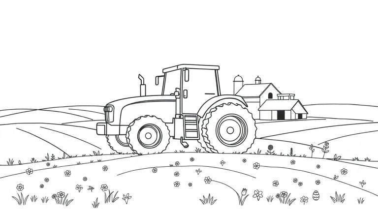 Zwart-wit kleurplaat van een moderne tractor op een glooiend veld met boerderijgebouwen en silo's op de achtergrond. De voorgrond is bedekt met gras en bloemen, met een paasei rechtsonder.