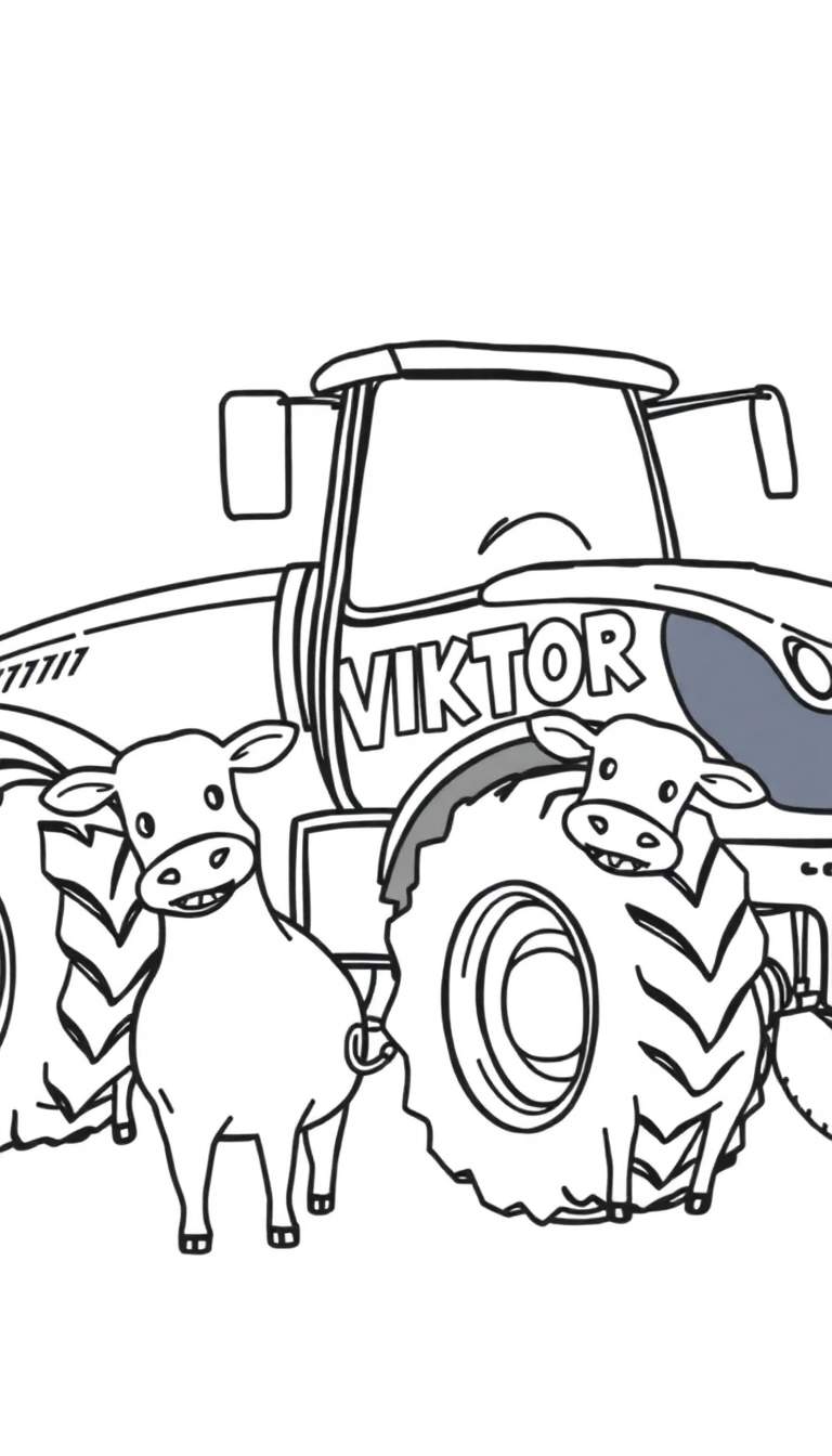 Zwart-wit tekening van een tractor met de naam VIKTOR, en twee lachende kalfjes ervoor.