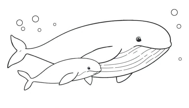 Kleurplaat met een grote walvis en een kleine baby walvis die vriendelijk naar de kijker kijken, omringd door bubbels.