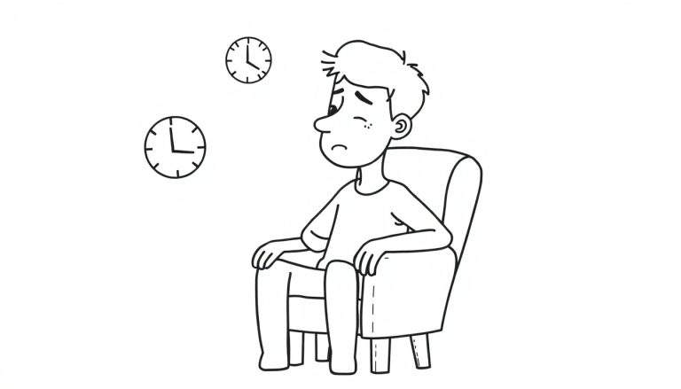 Cartoon lijntekening van een bedroefde jongen in een stoel, met klokken die in de lucht zweven.