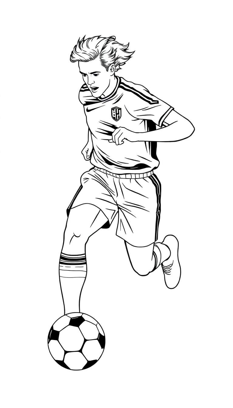 Zwart-wit lijntekening van een jonge voetballer die de bal dribbelt, geconcentreerde gezichtsuitdrukking, sportkleding, voetbalveld.