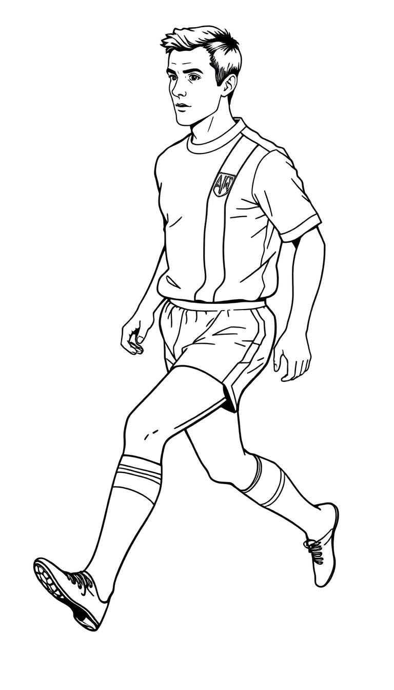 Zwart-wit kleurplaat van een jongen in voetbaltenue die rent met de bal.