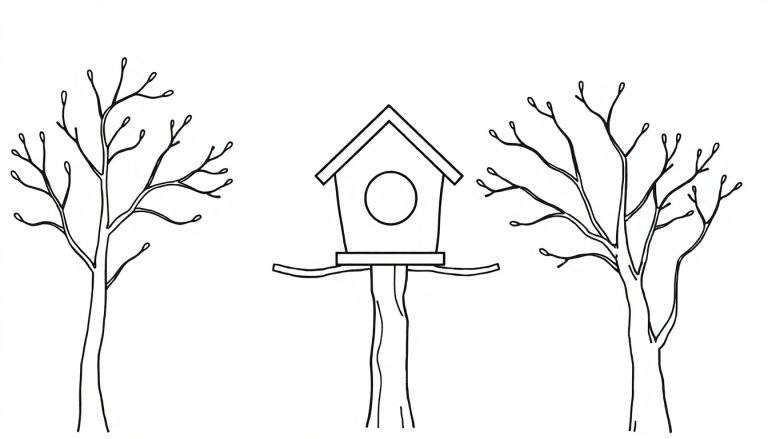 Kleurplaat van een vogelhuisje met een puntdak, landingsplank en ronde ingang, staand tussen twee kale bomen.