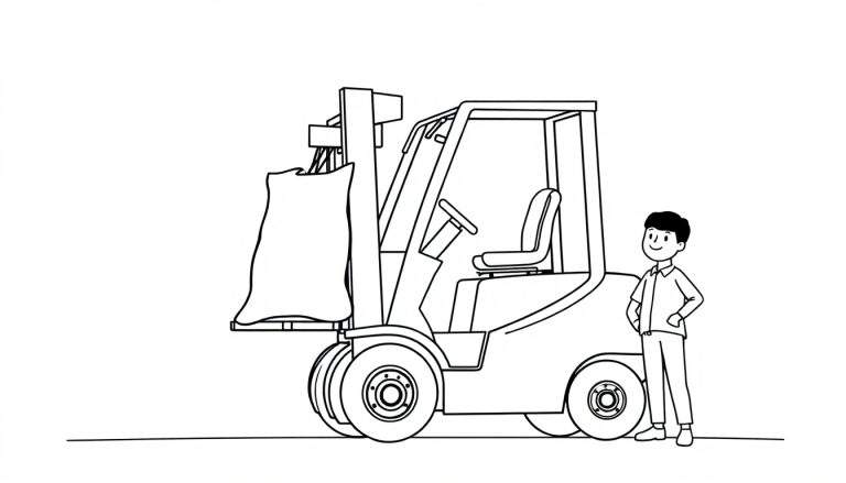 Kleurplaat van een vorkheftruck die een grote zak optilt, met een blije jongen die ernaast staat te lachen.