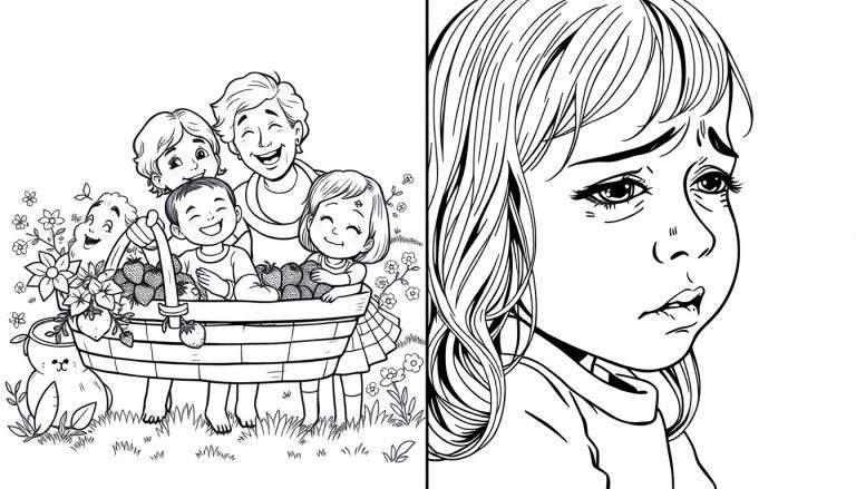 Zwart-wit lijntekening van een kleurplaat, verdeeld in twee helften. Links: lachende familie, mand met aardbeien, natuur, konijn, vlinder. Rechts: close-up portret van een verdrietig meisje met tranen.
