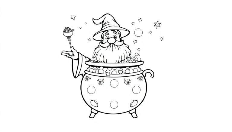 Kleurplaat van een vriendelijke tovenaar met een puntige hoed en grote baard, die in een grote ketel met magische drank zit. Hij houdt een toverstaf vast en om hem heen zweven sterren en bubbels.