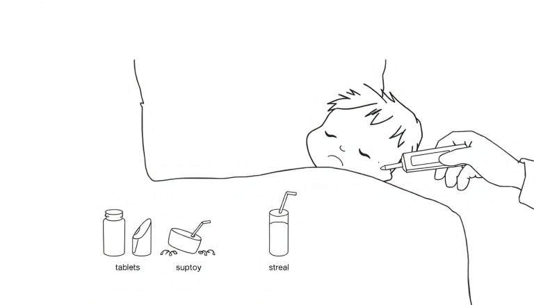 Kleurplaat van een bedroefd kind dat op een ondergrond ligt, terwijl een volwassen hand een thermometer bij het hoofdje houdt. Diverse medische benodigdheden zijn zichtbaar.